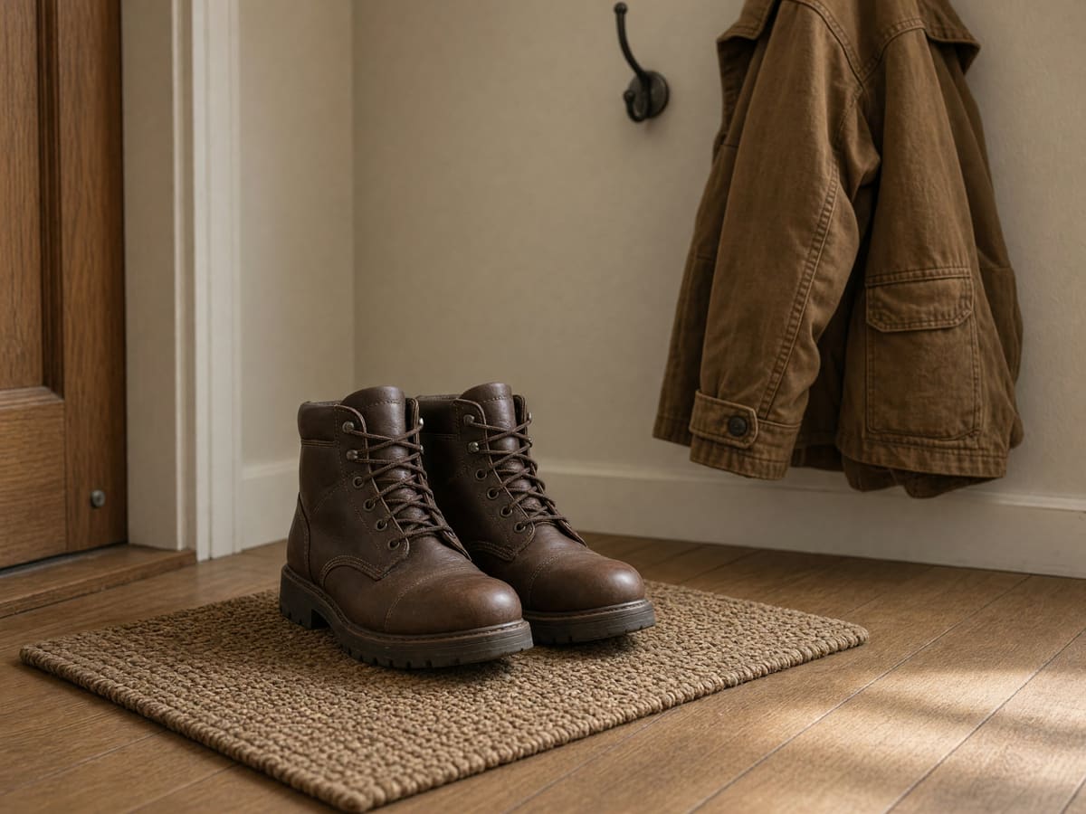 A pair of brown work boots set neatly on a woven doormat inside a front door, with a jacket hanging on a hook above.