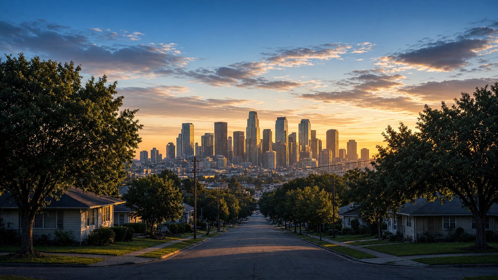 A city skyline at sunrise seen from the end of a quiet residential street lined with trees and small houses.