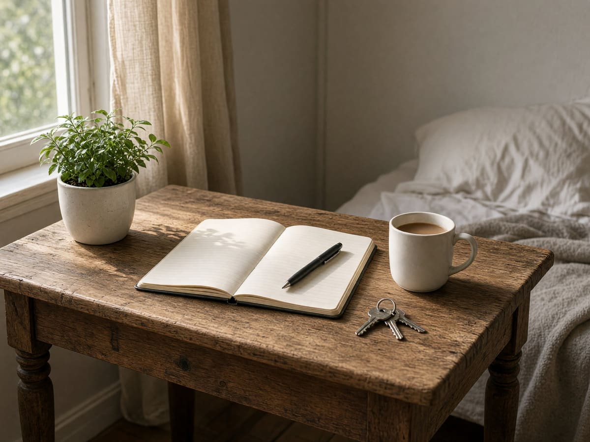 A small wooden desk by a window with an open notebook, a pen, a mug of coffee, house keys, and a potted plant.