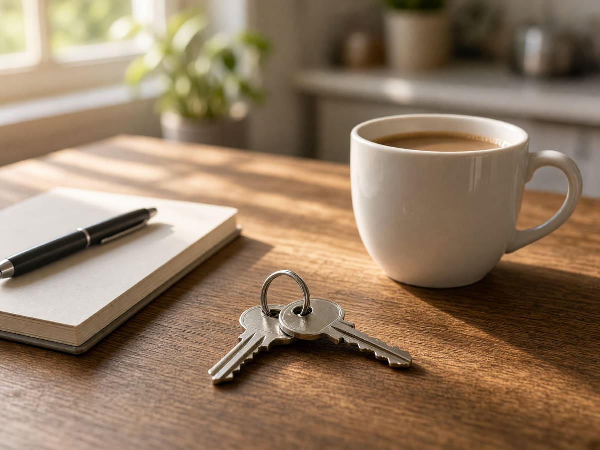 A set of house keys on a wooden table beside a mug of coffee and a notebook with a pen, in morning sunlight.