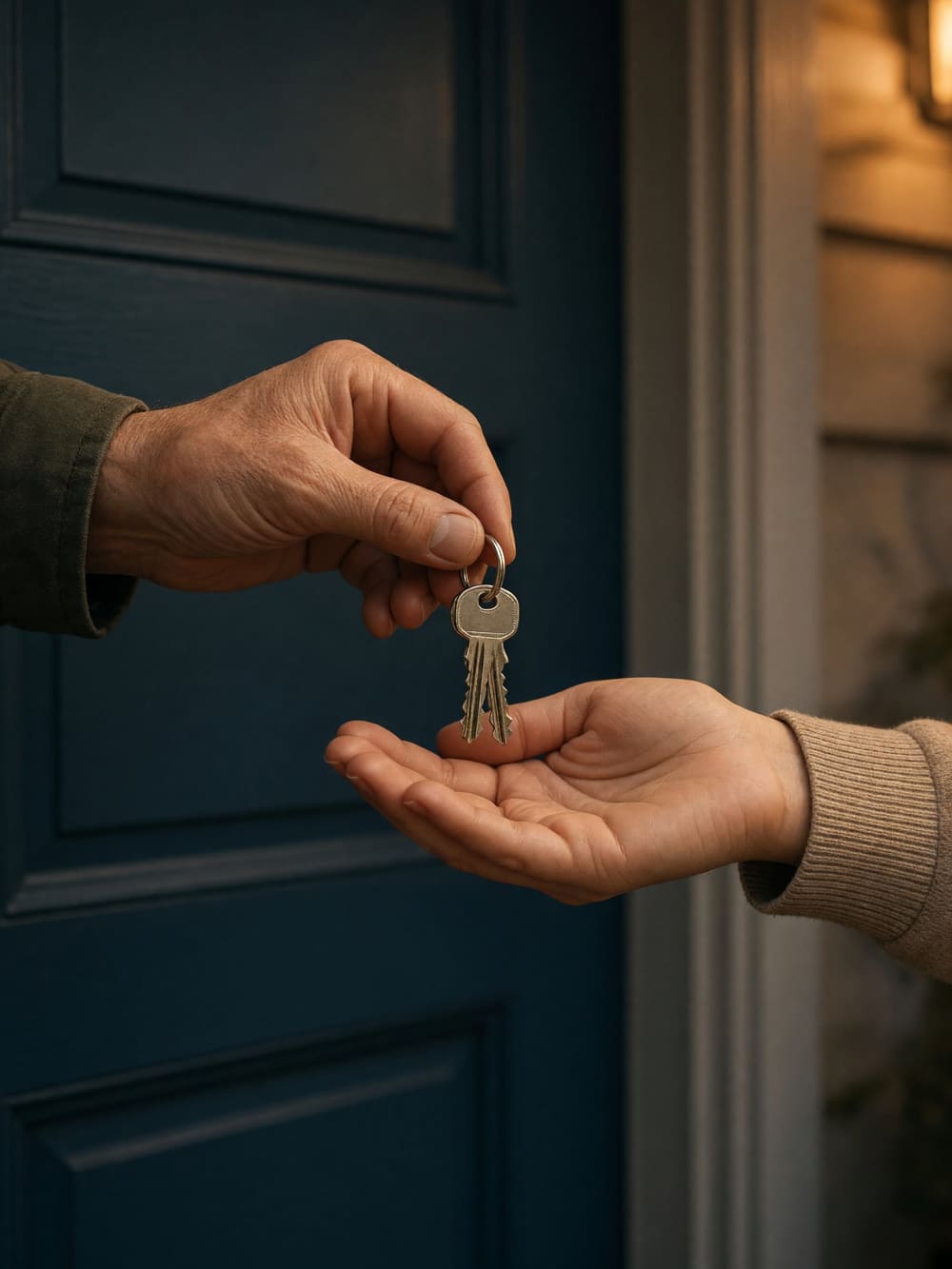 One hand passing a set of house keys into another person's open hand at a front door.