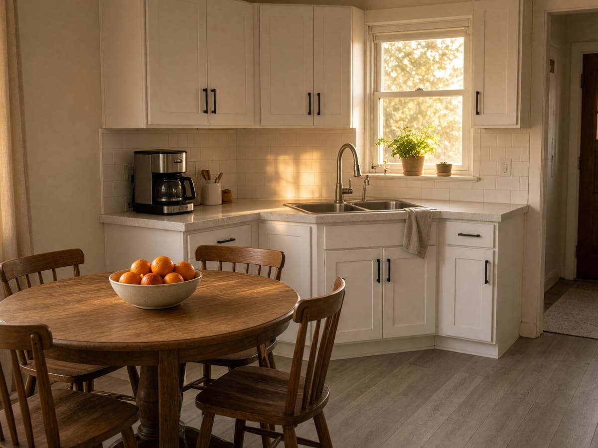 A clean kitchen with white cabinets, a coffee maker, morning light through the window, and a round wooden table with four chairs.