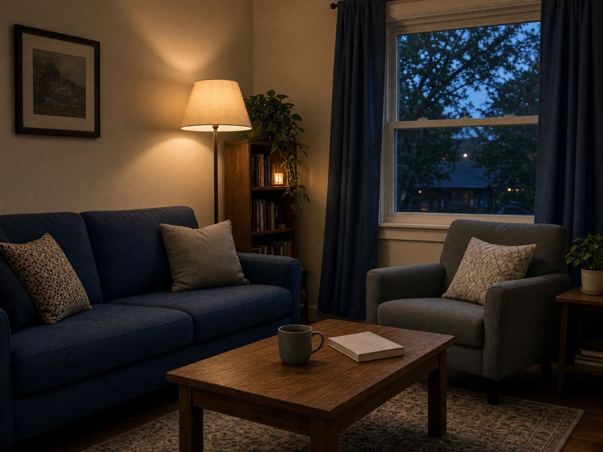A cozy living room in the evening with a navy sofa, a gray armchair, a coffee table, and a glowing floor lamp.