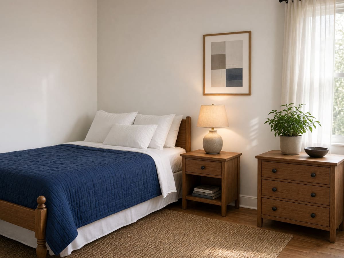 A tidy furnished bedroom with a navy quilt, white pillows, a wooden nightstand with a lit lamp, and a dresser by the window.