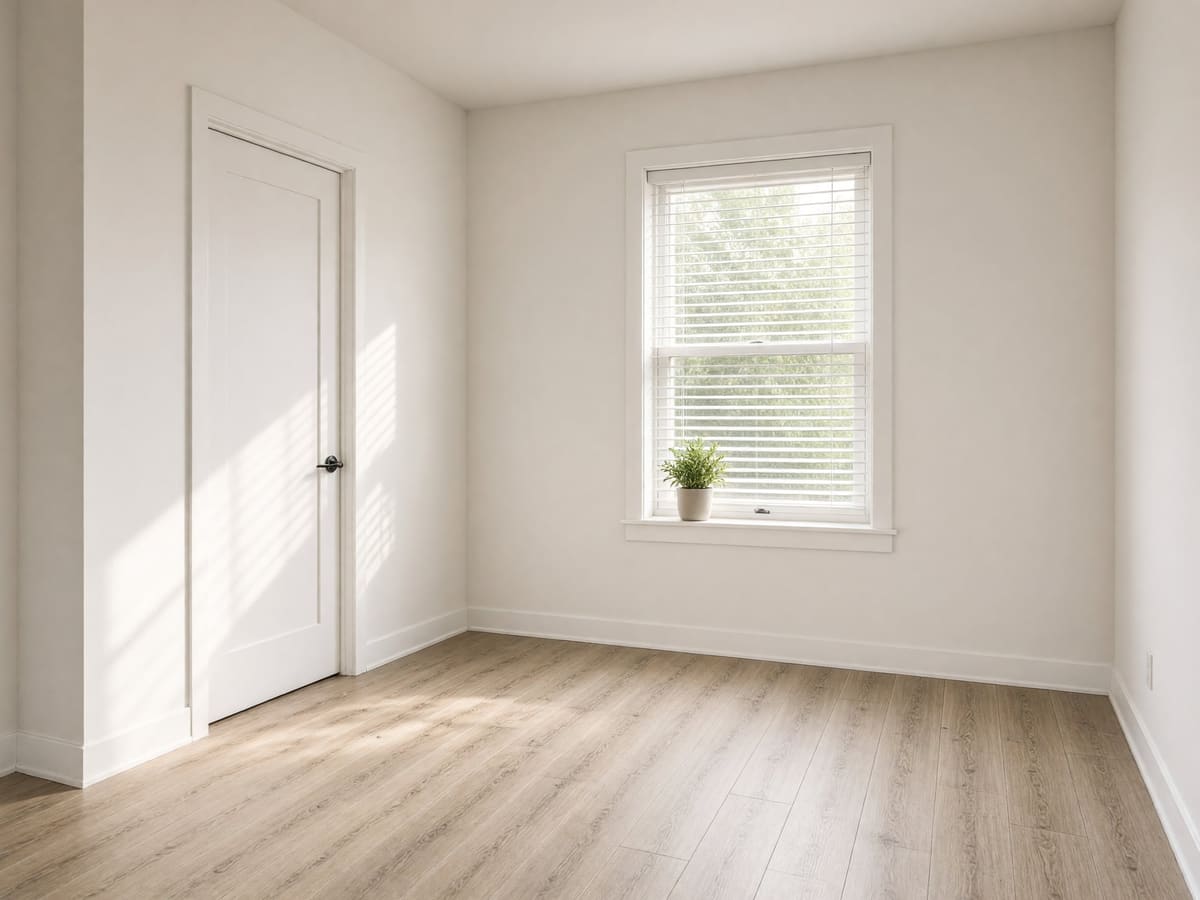 An empty, freshly painted bedroom with a wood floor, a closet door, and morning light through a window with blinds.