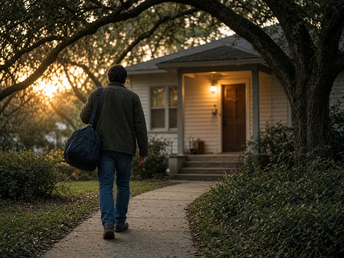 A person seen from behind, carrying a duffel bag, walking up a front path toward a small house with its porch light on at golden hour.